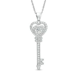 Lab-Created White Sapphire Heart-Top Key Pendant in Sterling Silver